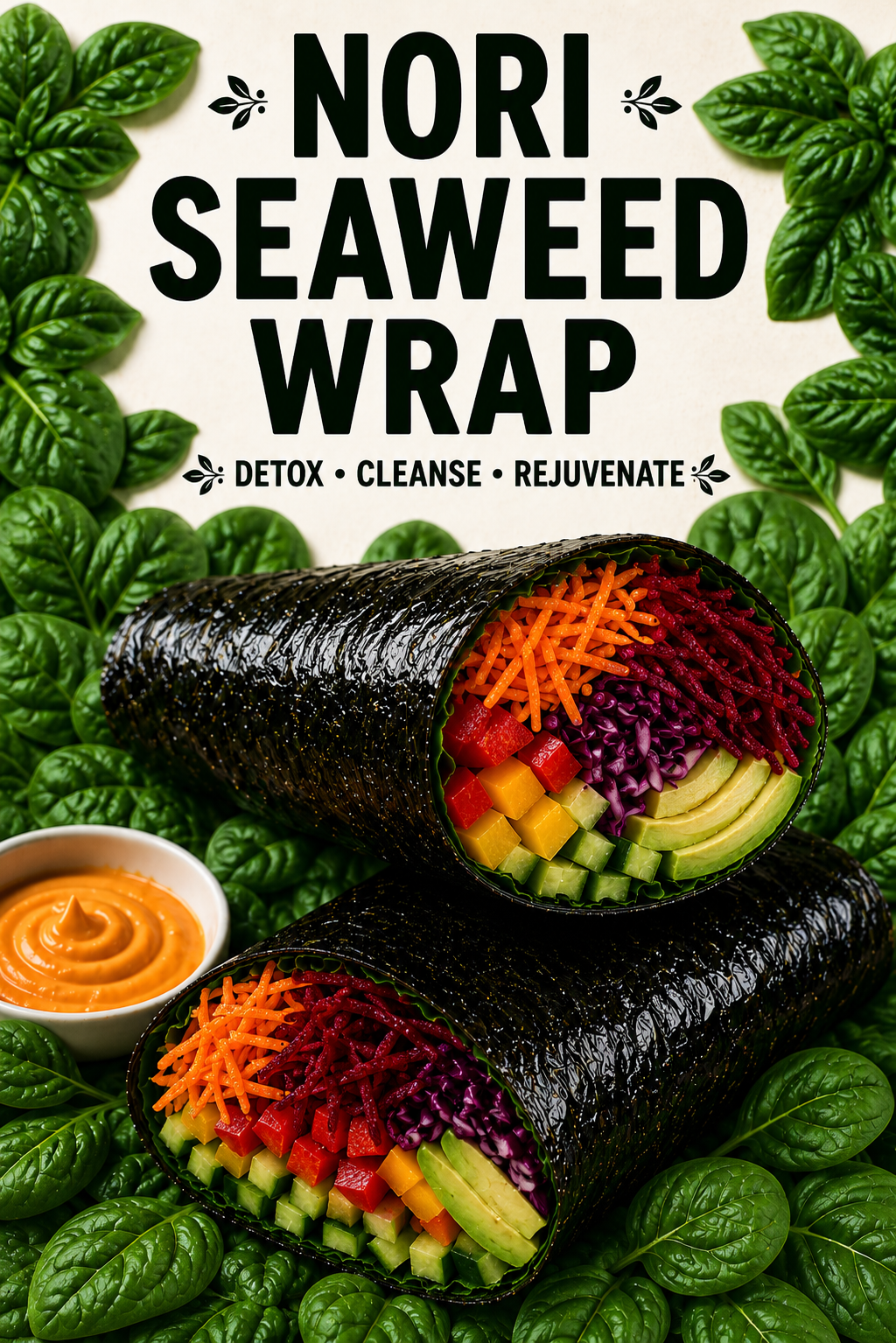 Raw nori seaweed wraps filled with avocado, carrot, cucumber, mango, red cabbage and pepper, with a spicy orange dipping sauce
