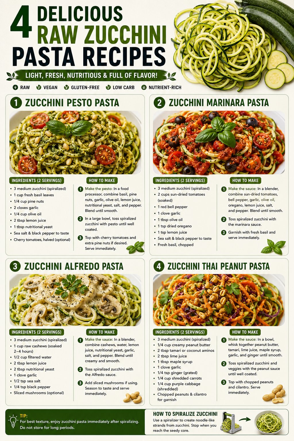 Four raw zucchini pasta recipes poster — Pesto, Marinara, Alfredo and Thai Peanut — with ingredients and step-by-step instructions