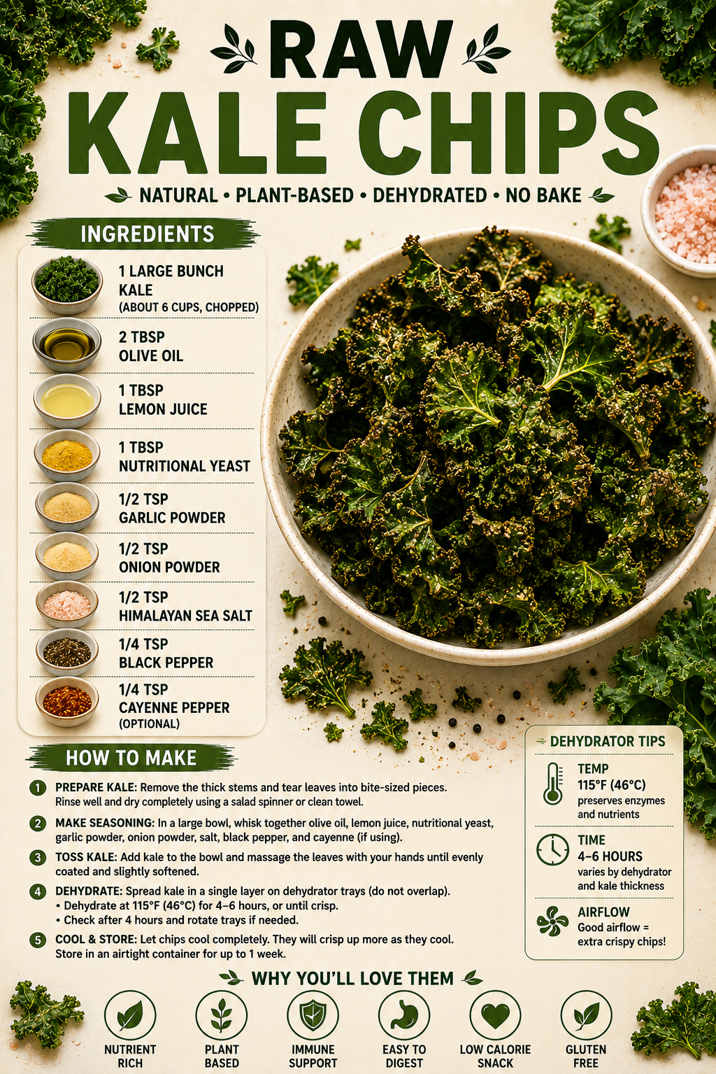 Raw kale chips recipe poster with ingredients, instructions and dehydrator tips