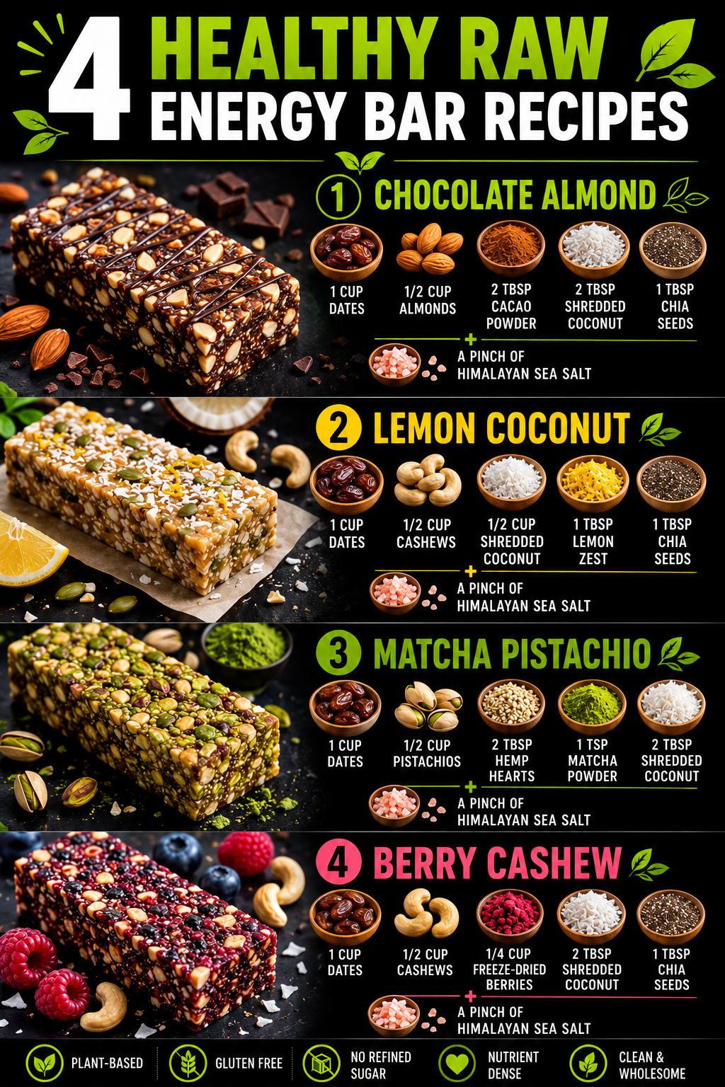 Four healthy raw energy bar recipes poster — Chocolate Almond, Lemon Coconut, Matcha Pistachio and Berry Cashew — with ingredients for each bar