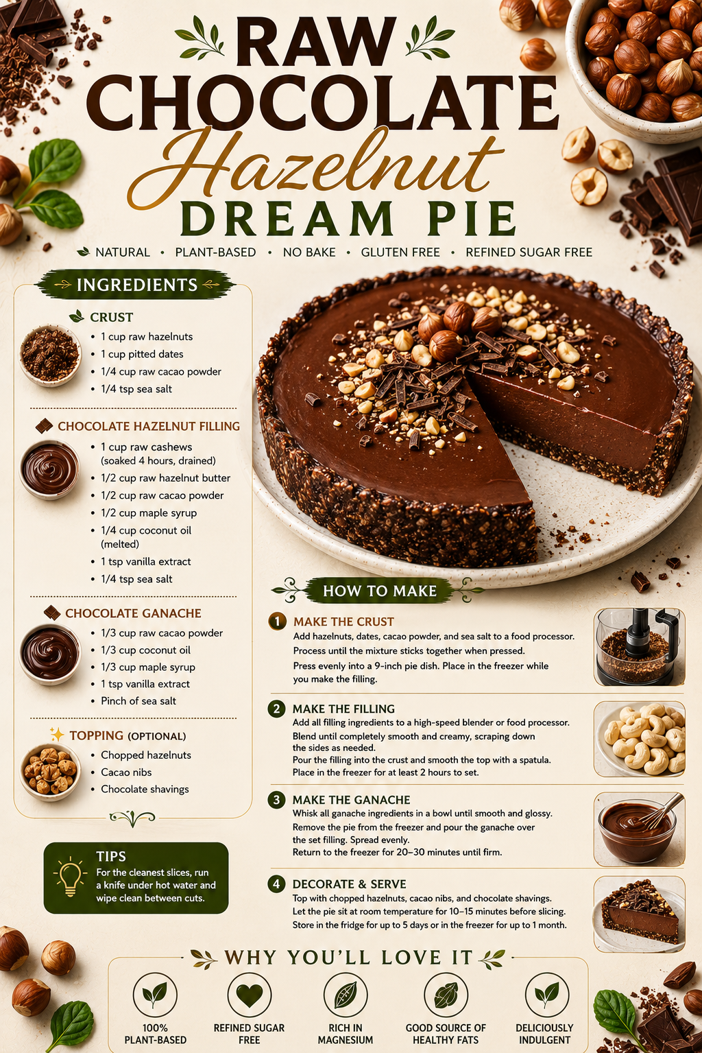 Raw chocolate hazelnut dream pie recipe poster with crust, filling and ganache ingredients and instructions