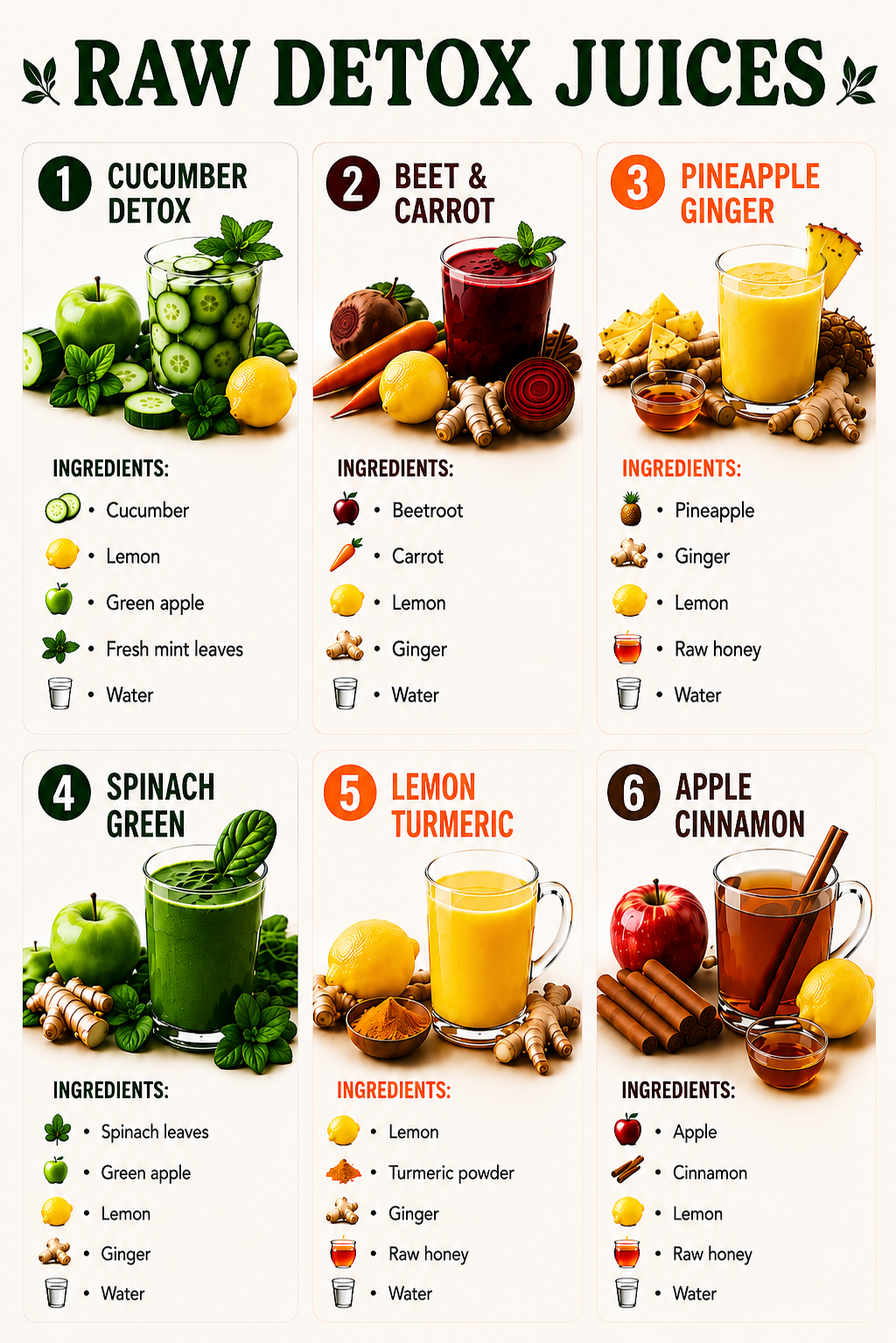 Six raw detox juice recipes with ingredient lists