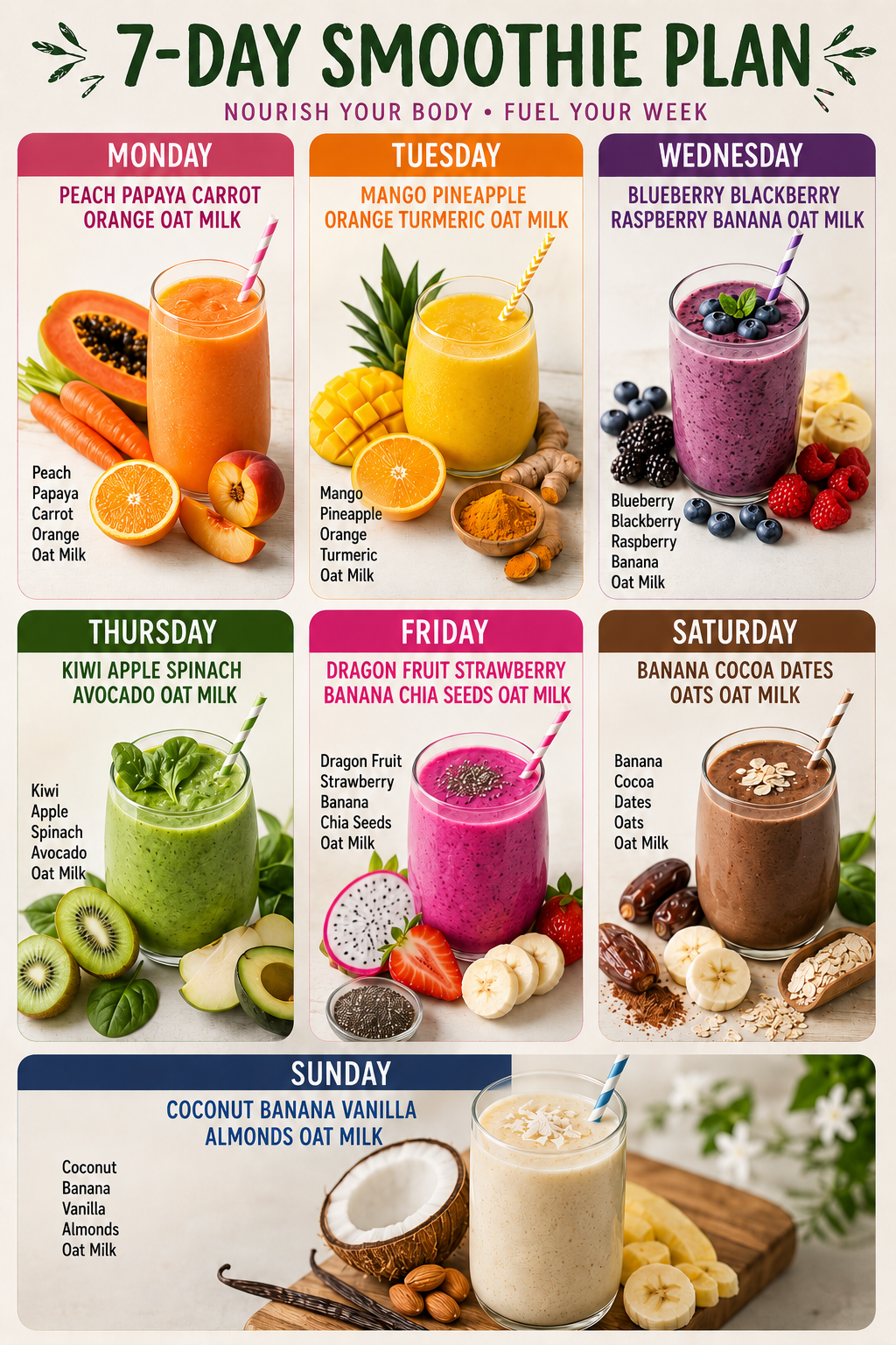 7-Day Smoothie Plan poster with one raw smoothie recipe for each day of the week