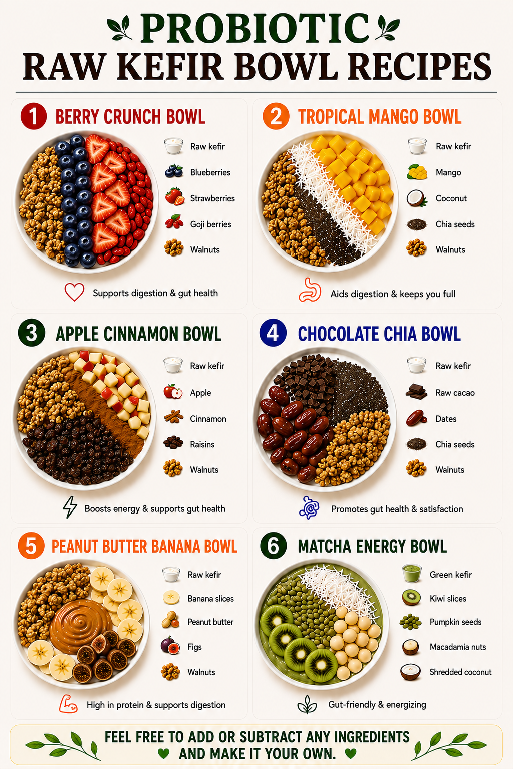 Probiotic raw kefir bowl recipes poster featuring Berry Crunch, Tropical Mango, Apple Cinnamon, Chocolate Chia, Peanut Butter Banana and Matcha Energy bowls