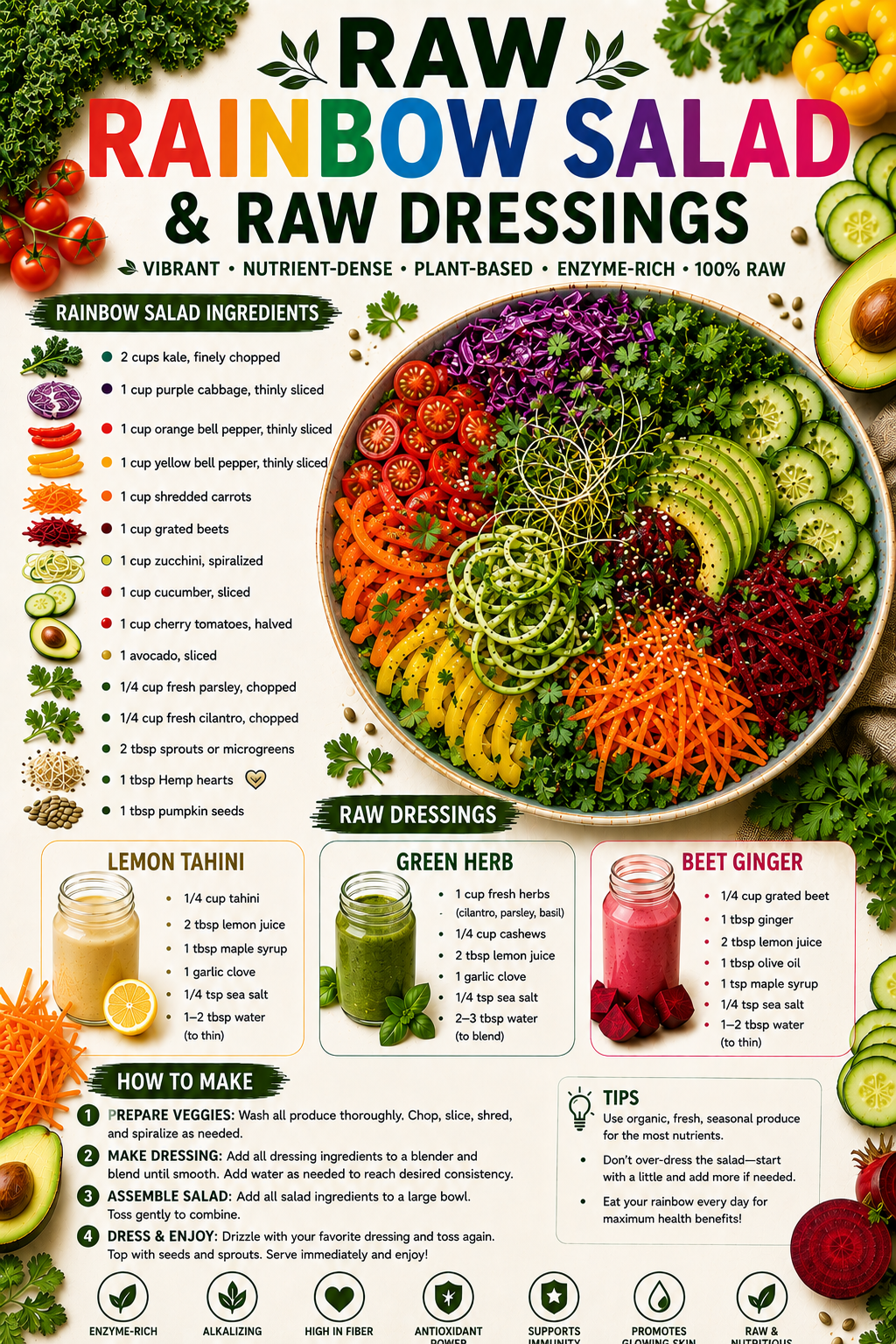 Raw rainbow salad recipe poster with ingredients, three raw dressings and step-by-step instructions