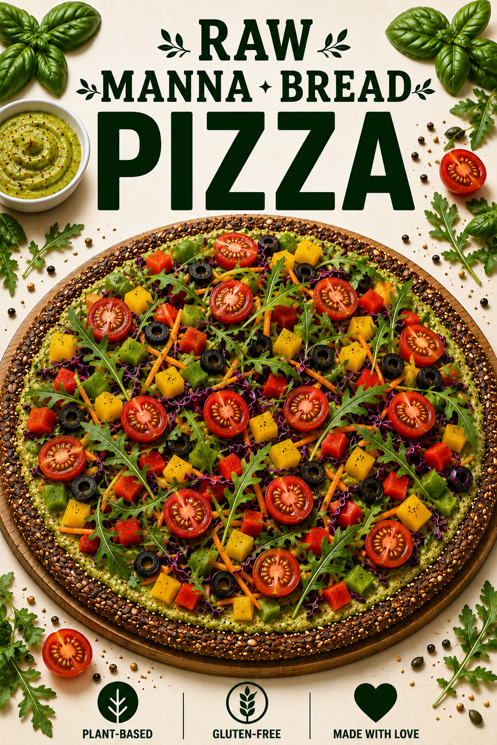 Raw manna bread pizza topped with tomatoes, peppers, olives, carrots and arugula