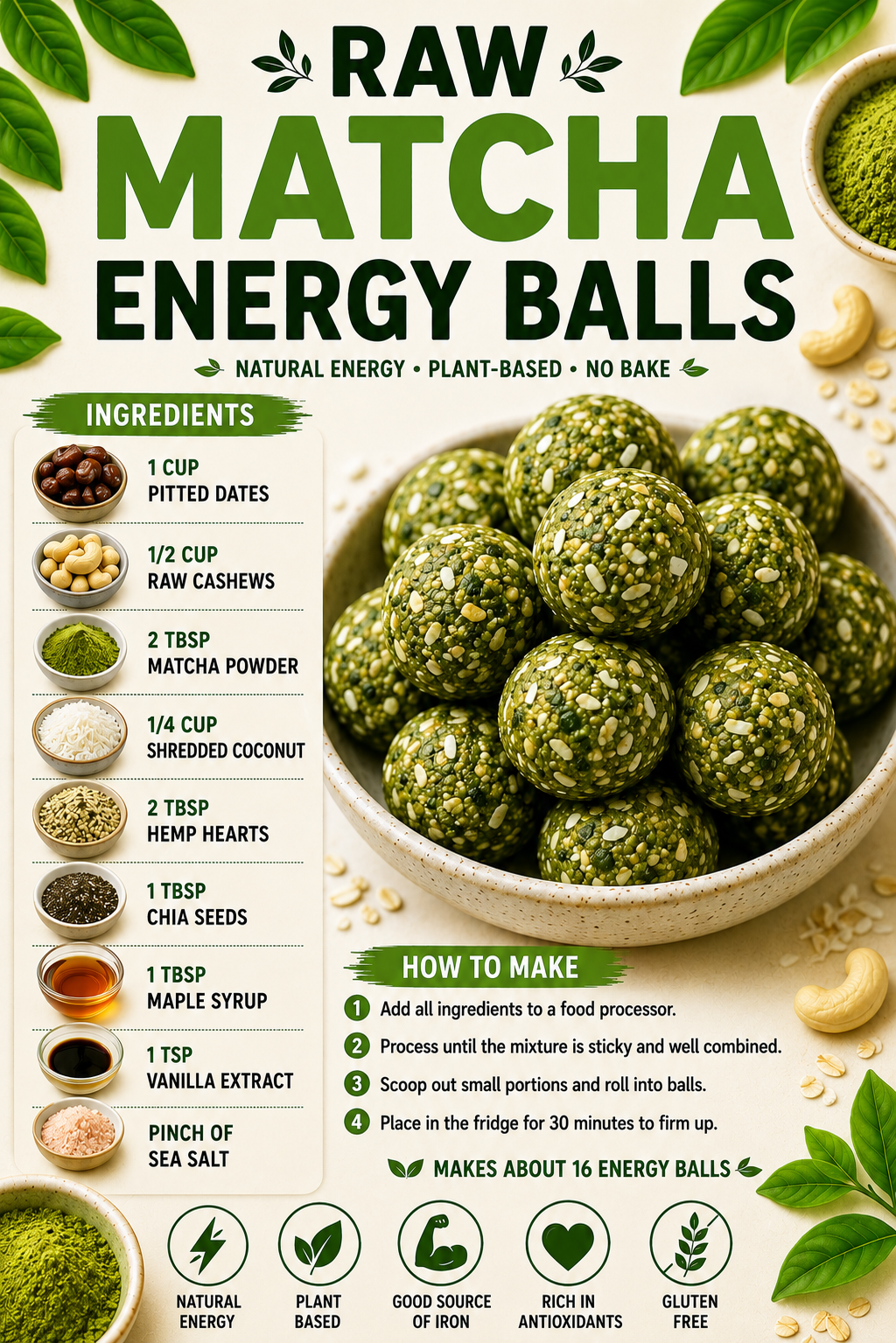 Raw matcha energy balls recipe poster with ingredients and instructions