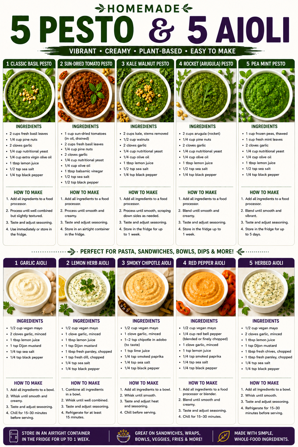 Homemade 5 pesto and 5 aioli recipes poster with ingredients and instructions for each sauce