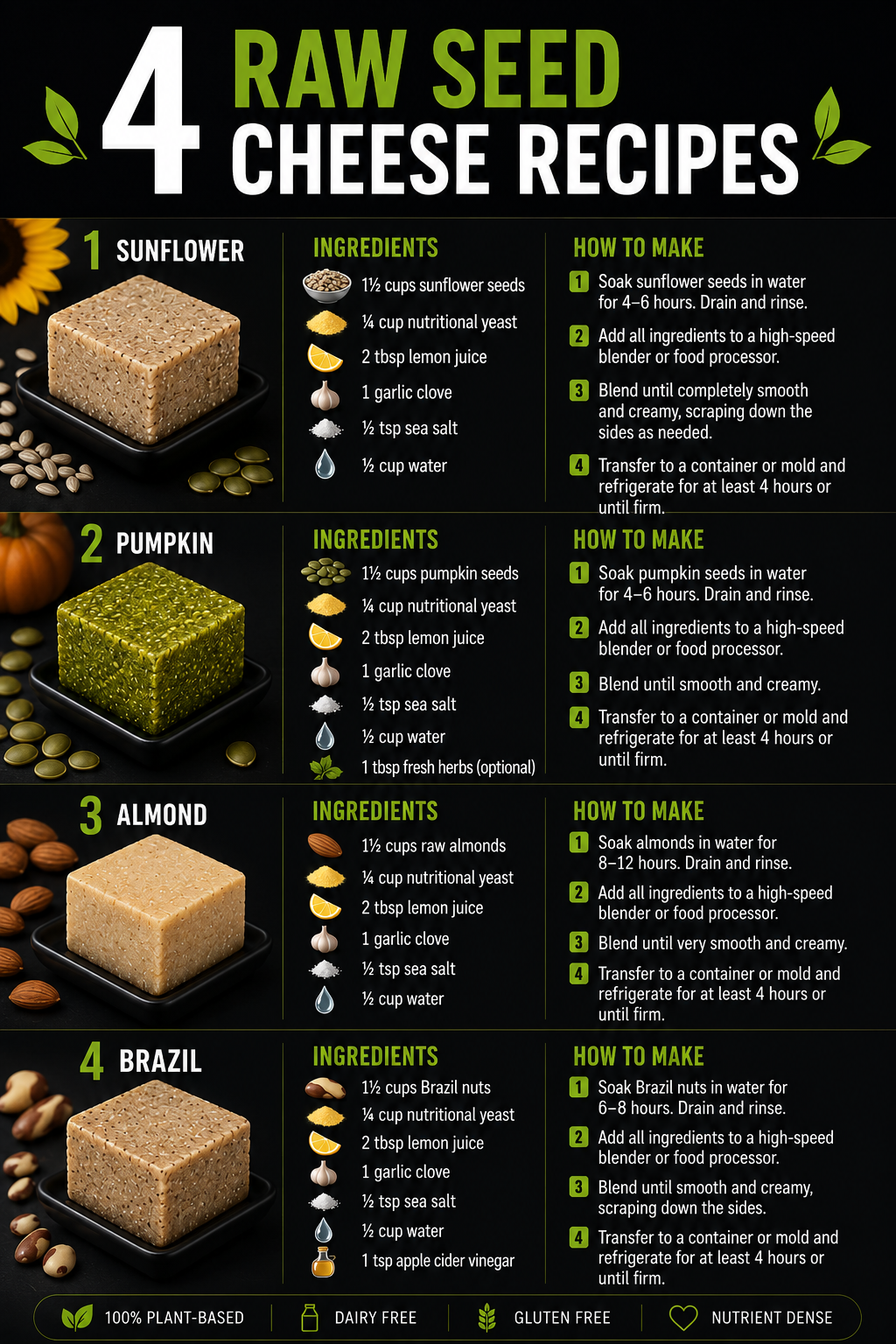 Four raw seed cheese recipes poster — Sunflower, Pumpkin, Almond and Brazil — with ingredients and step-by-step instructions