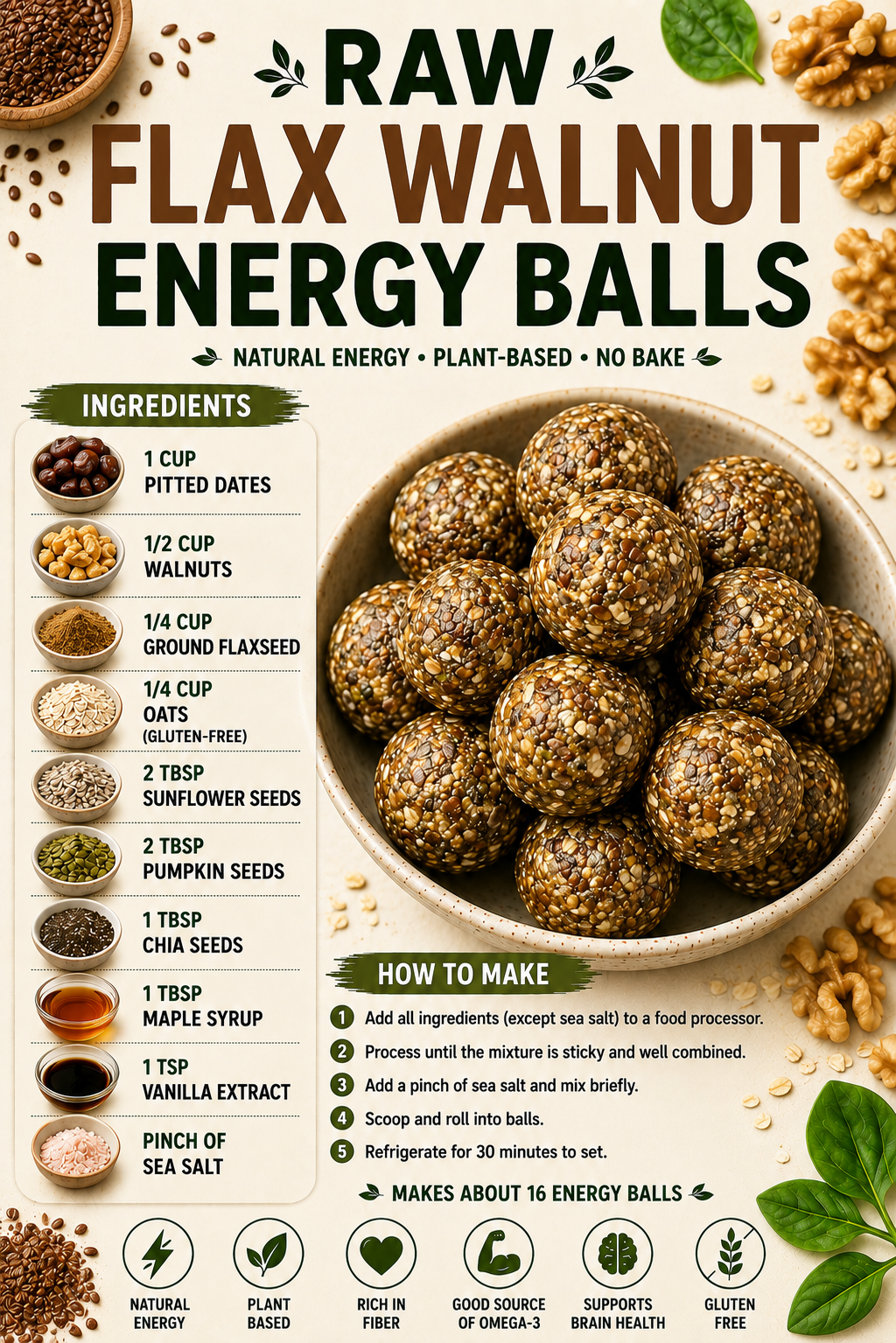 Raw flax walnut energy balls recipe poster with ingredients and instructions