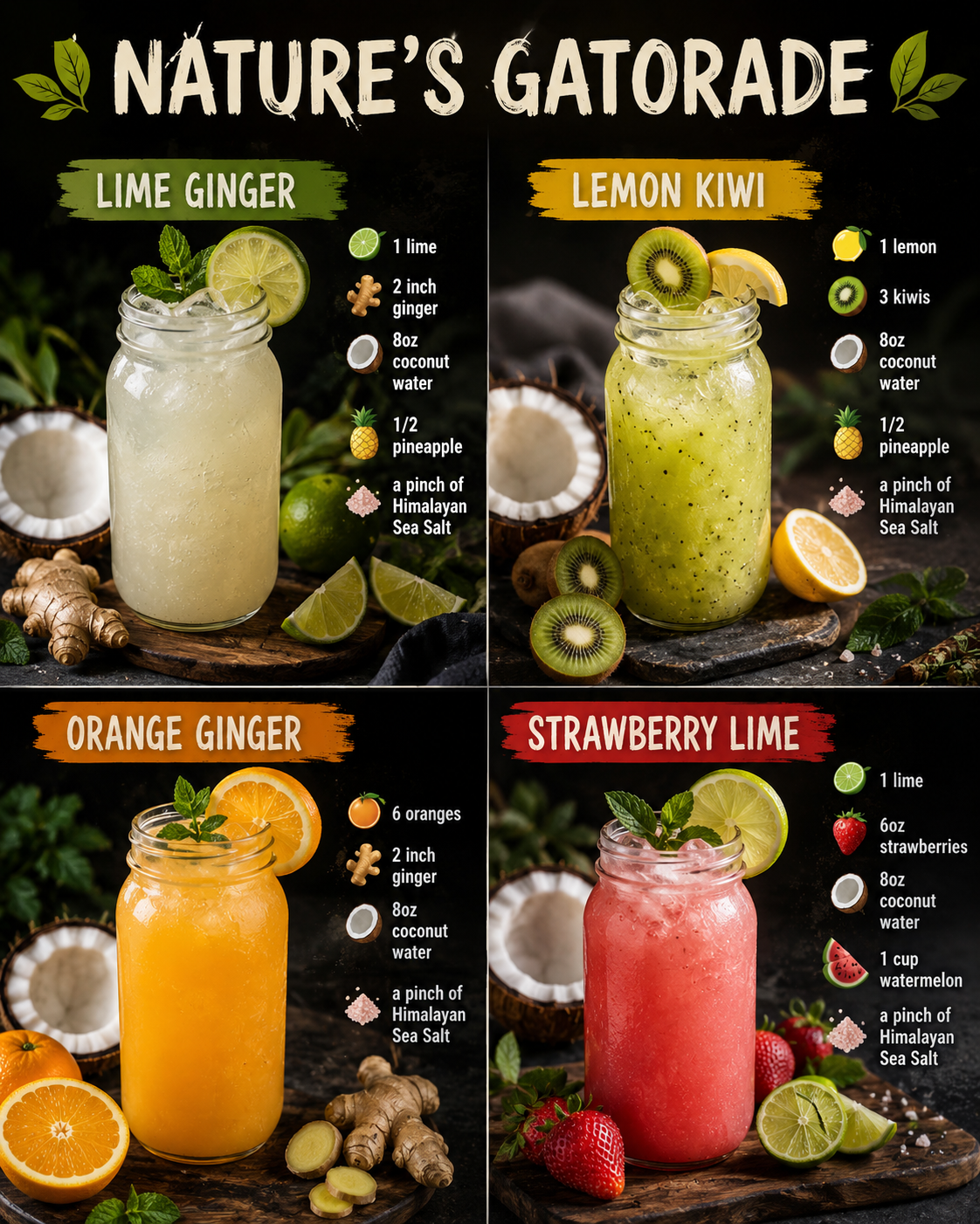 Nature's Gatorade poster with Lime Ginger, Lemon Kiwi, Orange Ginger and Strawberry Lime raw electrolyte drink recipes