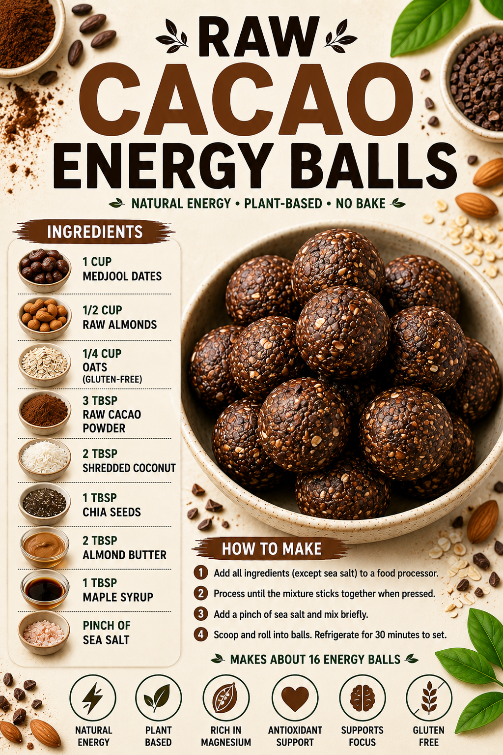 Raw cacao energy balls recipe poster with ingredients and instructions