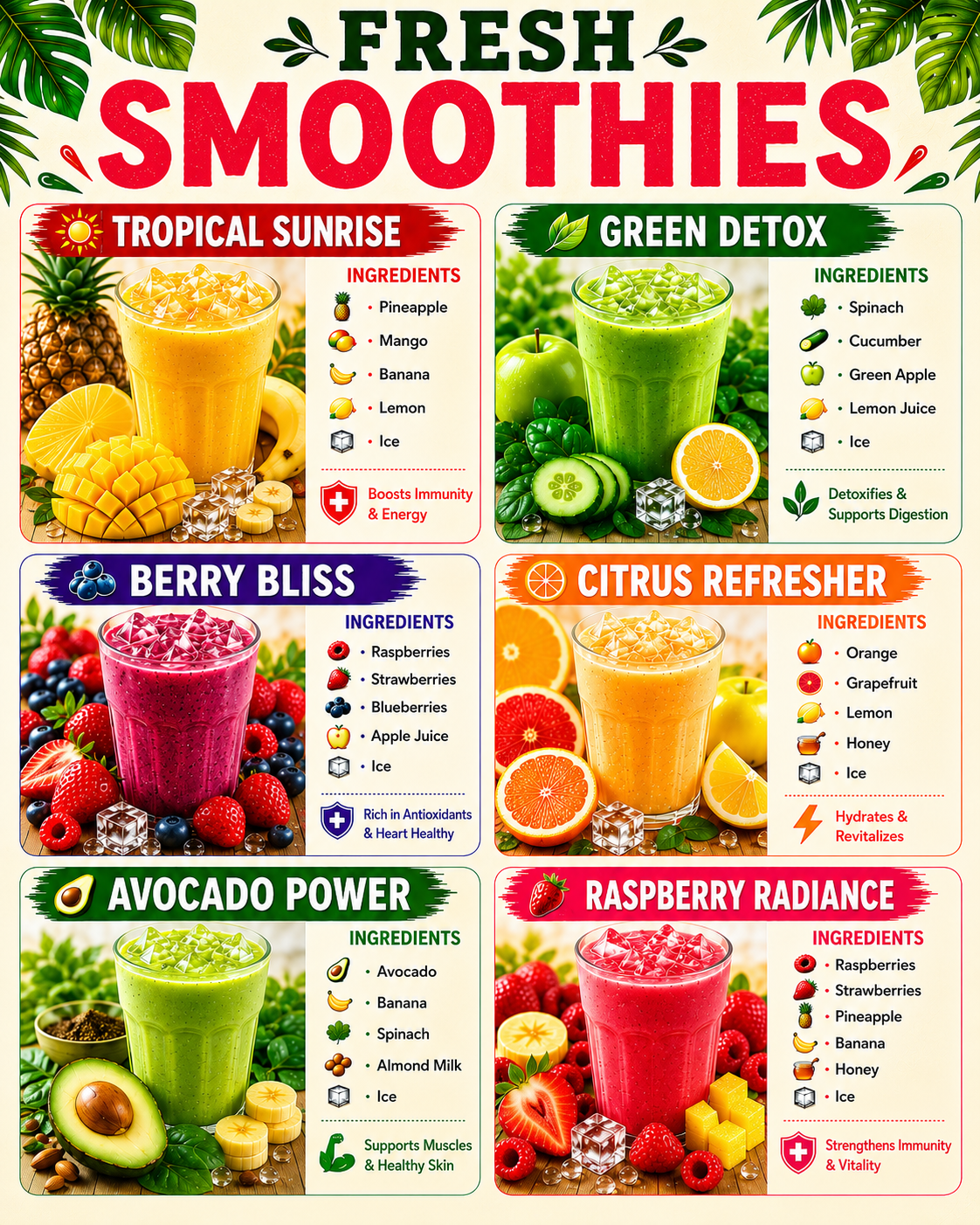 Fresh Smoothies recipe poster featuring Tropical Sunrise, Green Detox, Berry Bliss, Citrus Refresher, Avocado Power, and Raspberry Radiance
