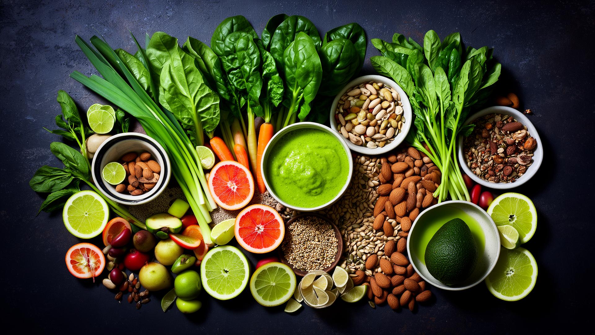 Overhead spread of fresh raw vegetables, leafy greens, citrus, nuts and seeds on a dark surface